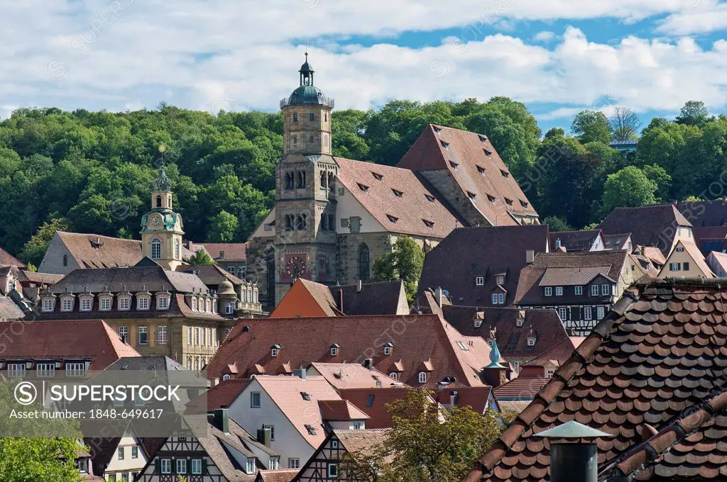 Historic district with the Church of St. Michael, Schwaebisch Hall, Hohenlohe region, Baden-Wuerttemberg, Germany, Europe