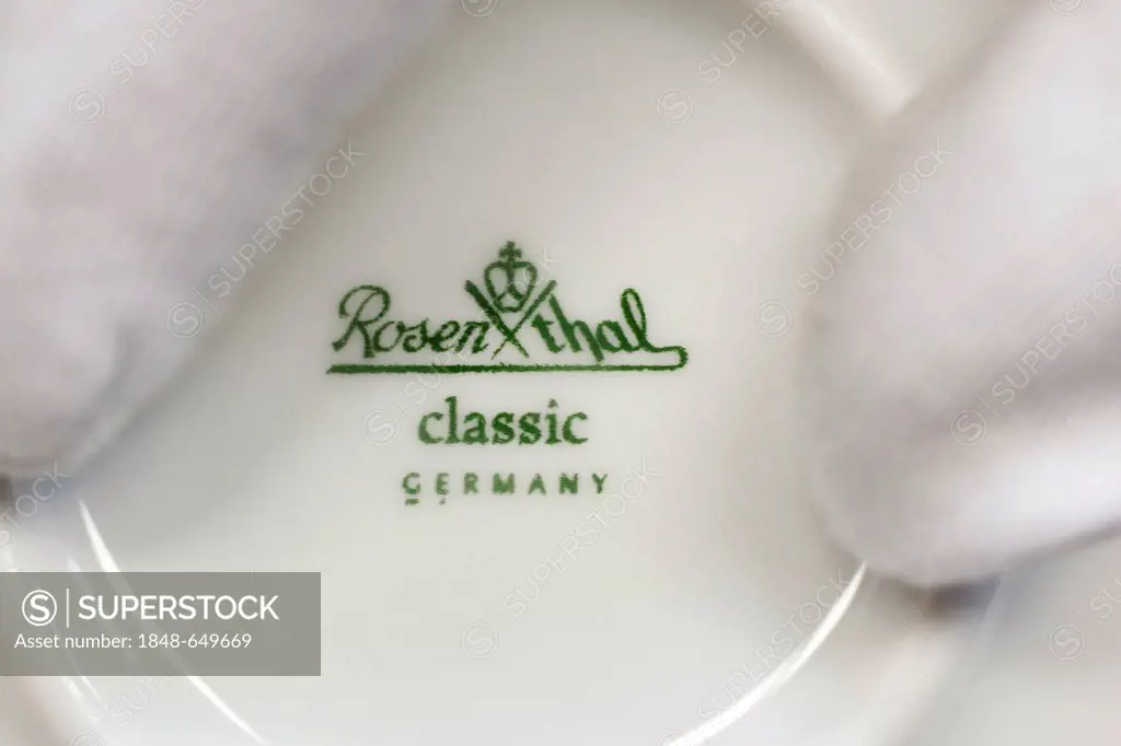 Logo and lettering of Rosenthal GmbH, on the bottom of a plate, at the porcelain manufacturer Rosenthal GmbH, Speichersdorf, Bavaria, Germany, Europe