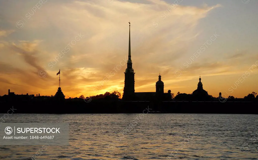 Evening mood at Peter and Paul Fortress on Rabbit Island, Neva River, St. Petersburg, Russia