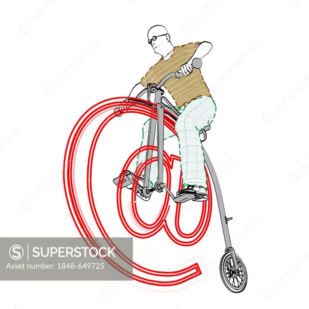 Old man riding a penny farthing bicycle consisting of an at sign, senior surfing the web, illustration