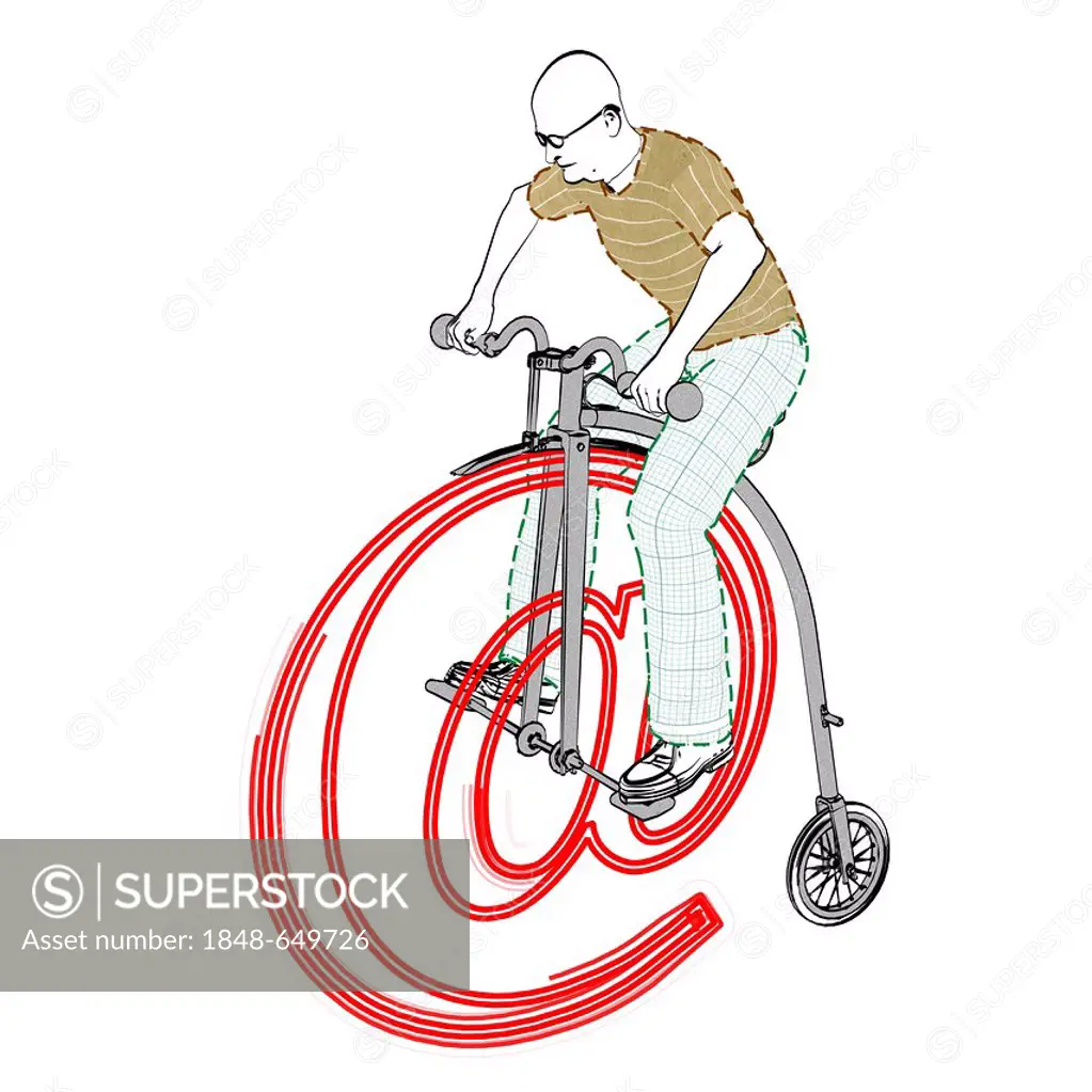 Old man riding a penny farthing bicycle consisting of an at sign, senior surfing the web, illustration