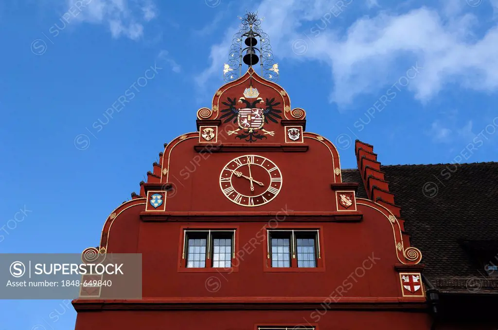 Gable of the old town hall with a clock, Rathausplatz square 4, Freiburg im Breisgau, Baden-Wuerttemberg, Germany, Europe