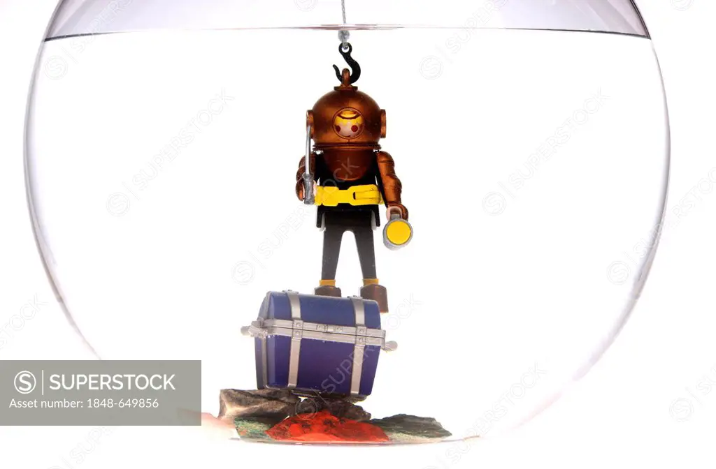 Toy deep sea diver with a treasure chest in a fish bowl, illustration