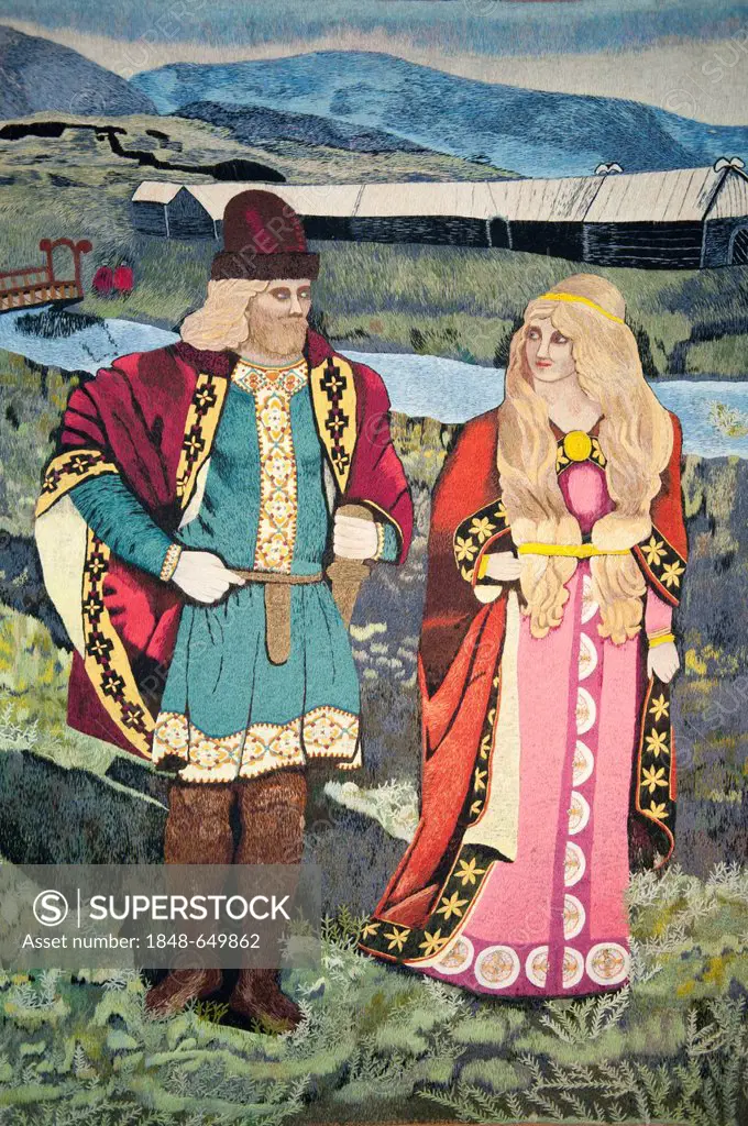 Icelandic couple from the old days of the sagas in typical dress, picture in a tapestry, Skógar open-air museum, Iceland, Scandinavia, Northern Europe...