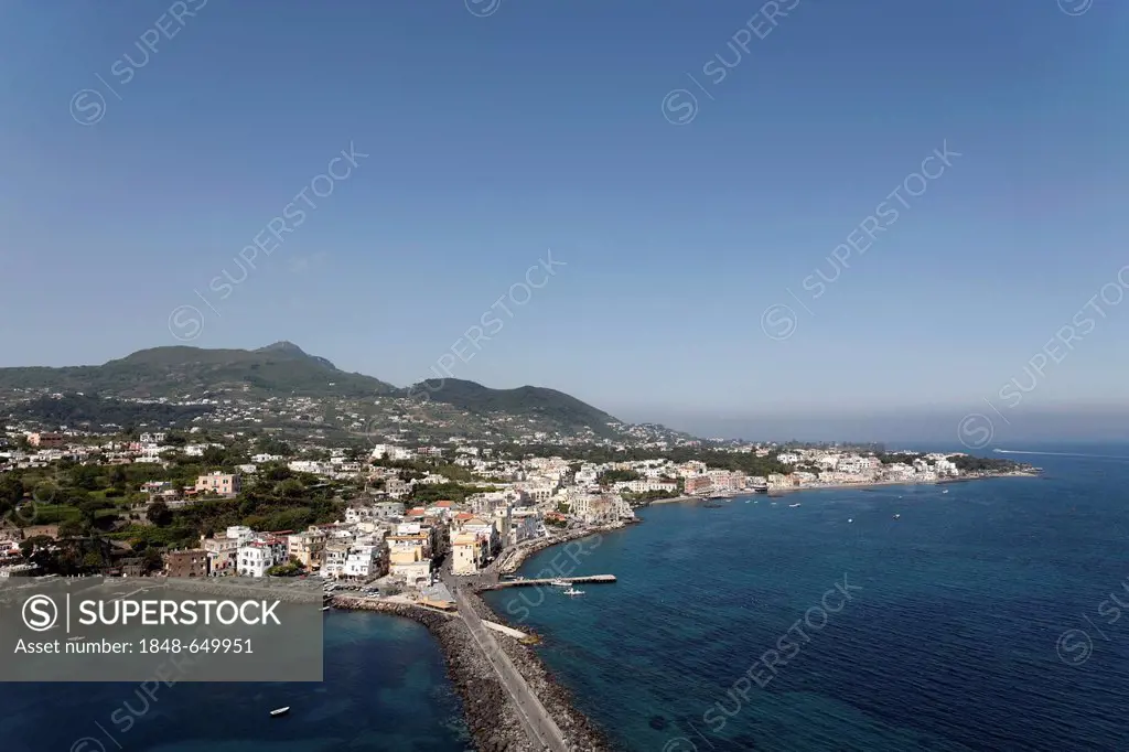 View of Ischia Ponte, from Castello Aragonese, Aragonese Castle, Ischia Island, Gulf of Naples, Campania, Southern Italy, Italy, Europe