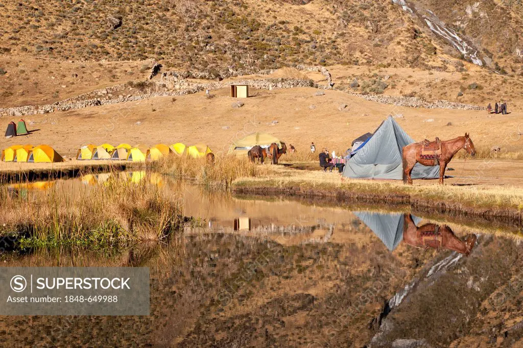 Reflection of tents and horses at the lake Laguna Jahuacocha, Cordillera Huayhuash mountain range, Andes, Peru, South America