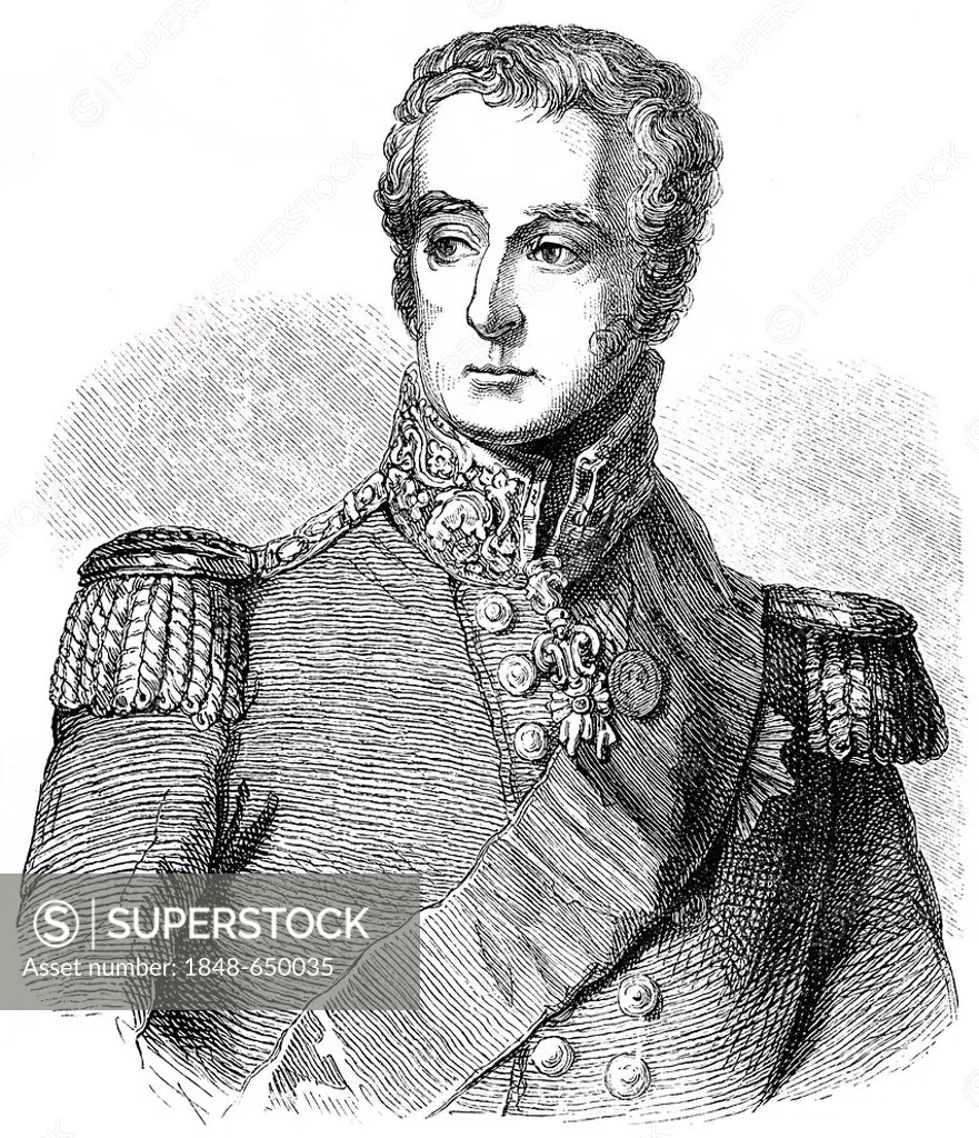Historical drawing from the 19th century, portrait of Arthur Wellesley, 1st Duke of Wellington, 1769 - 1852, field marshal and a British military lead...