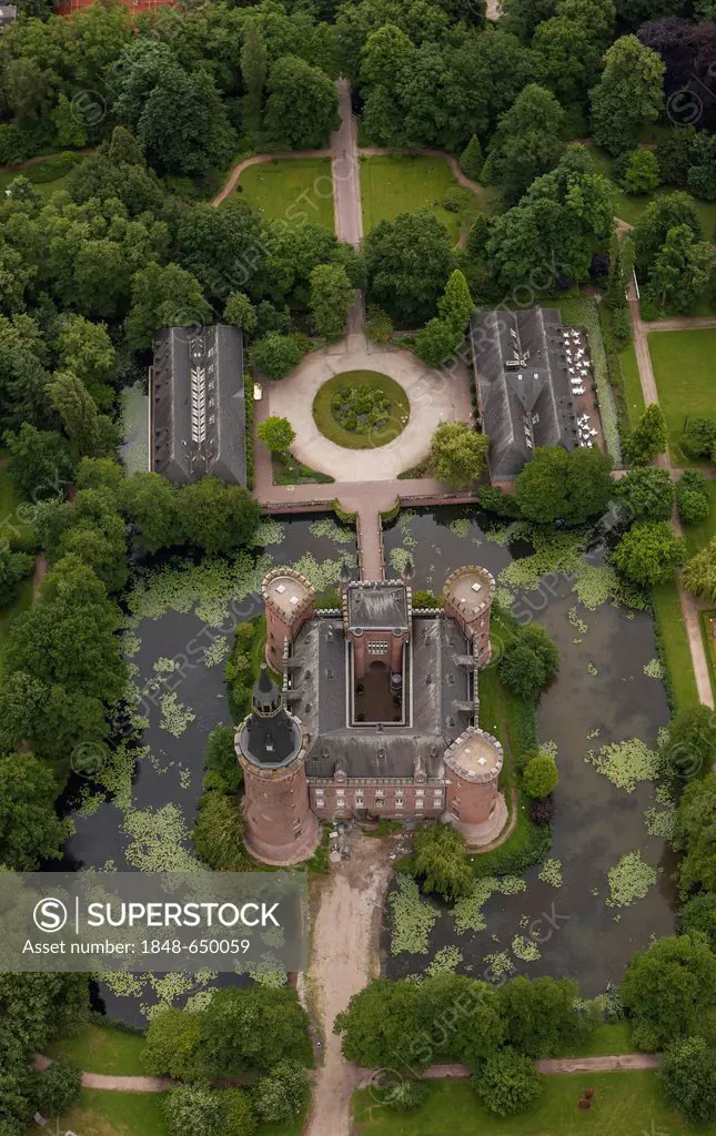 Aerial view, Schloss Moyland Caslte, neo-Gothic style, Bedburg-Hau, Lower Rhine region, North Rhine-Westphalia, Germany, Europe