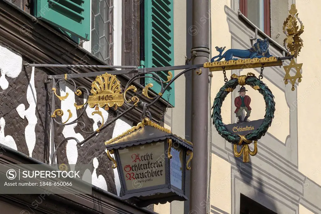 Hanging sign Schlenkerla Rauchbier smoked beer, brewery, historic inn, Bamberg, Upper Franconia, Bavaria, Germany, Europe