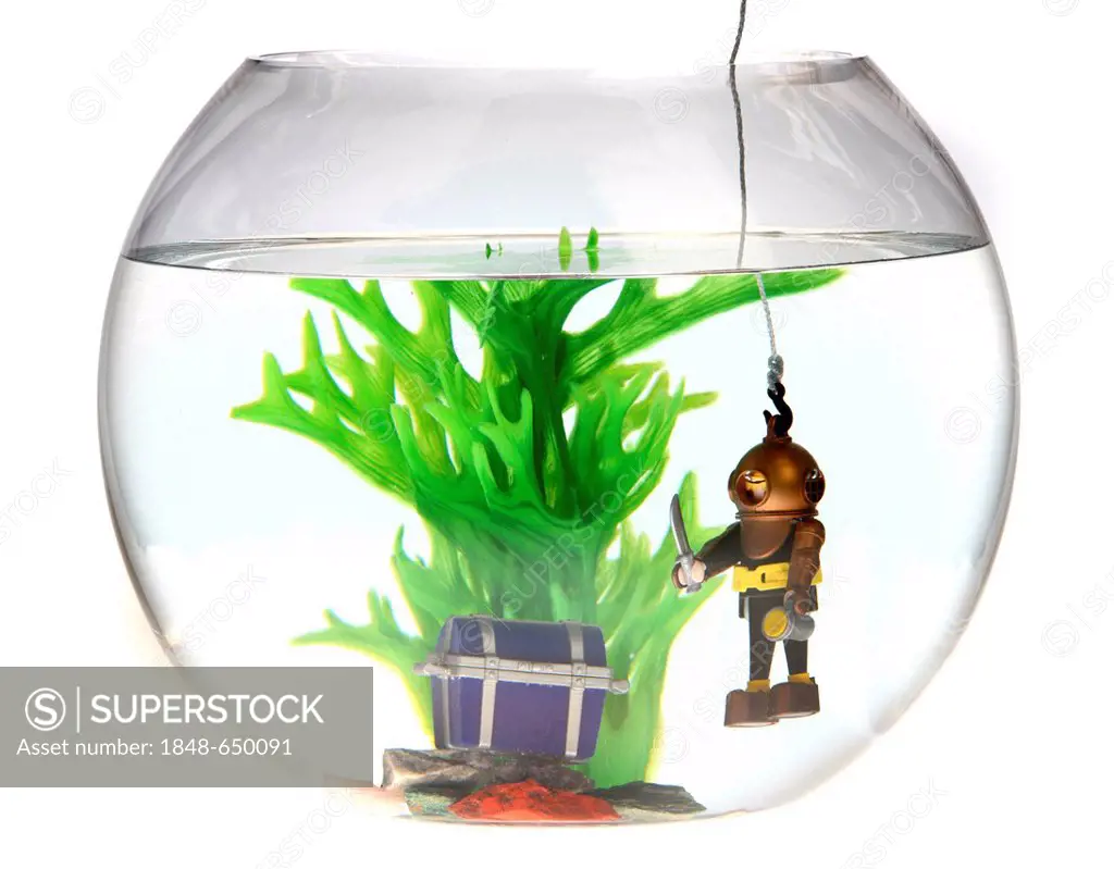 Toy deep sea diver with a treasure chest in a fish bowl, illustration