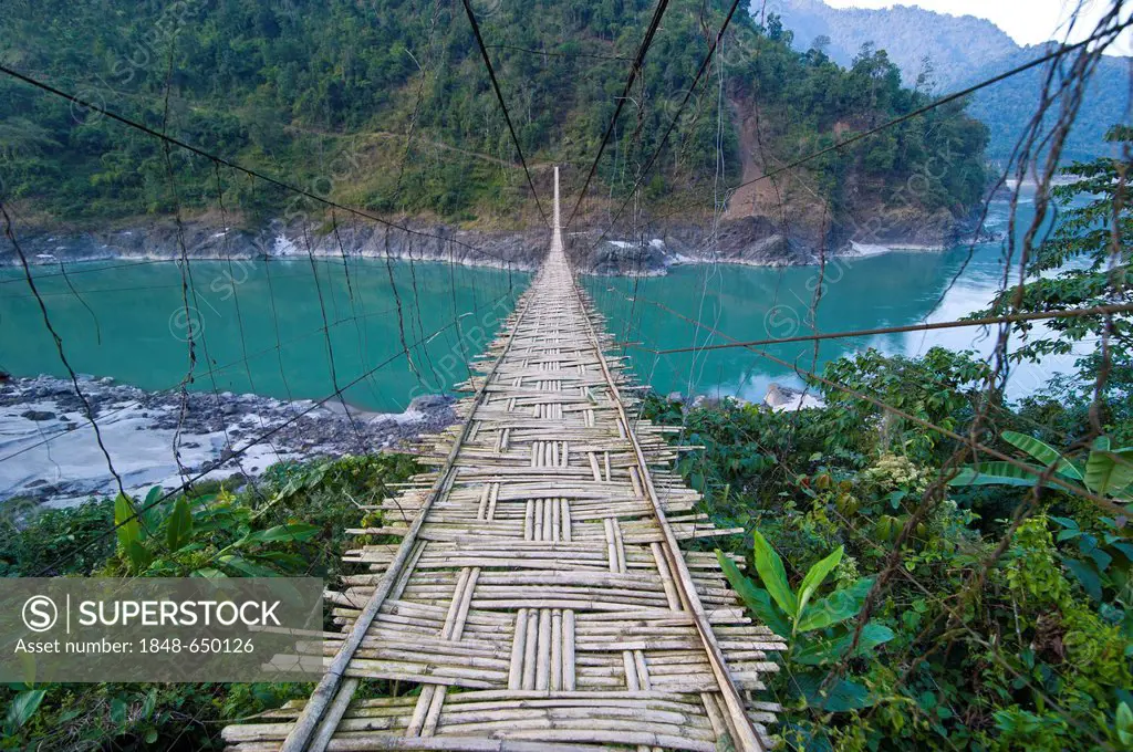 Long suspension bridge made of palm wood spanning the Siang River, Arunachal Pradesh, North East India, India, Asia