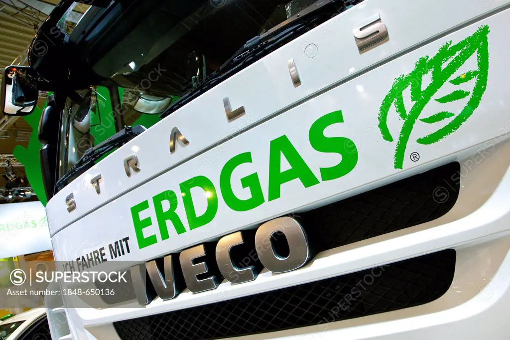 Slogan, lettering Ich fahre mit Erdgas, German for I'm running on natural gas, on a natural gas-powered Iveco Stralis truck, E-world energy & water fa...