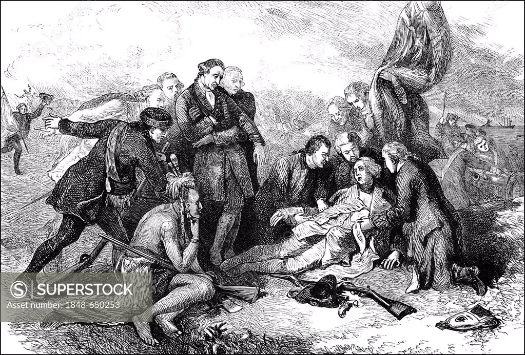 Historical scene, US-American history, 18th century, the death of James Wolfe, 1727 - 1759, a British general, after the battle on the Plains of Abrah...