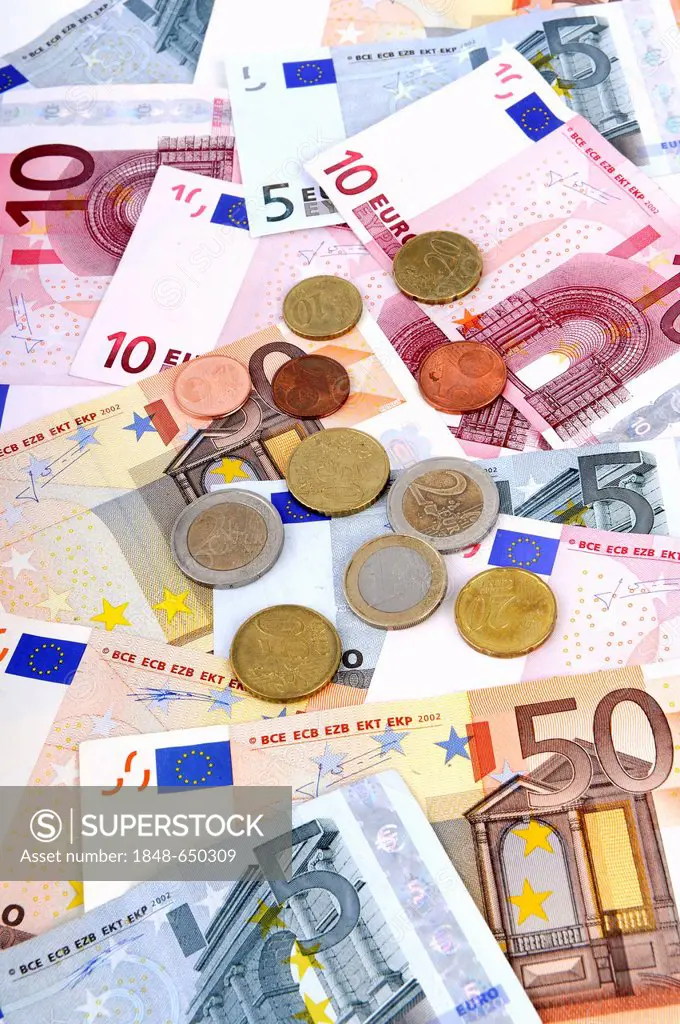 Various euro banknotes and euro coins