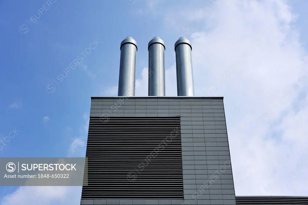 Ventilating pipes against a cloudy sky at the Neue Hautklinik building, hospital, Erlangen, Middle Franconia, Bavaria, Germany, Europe