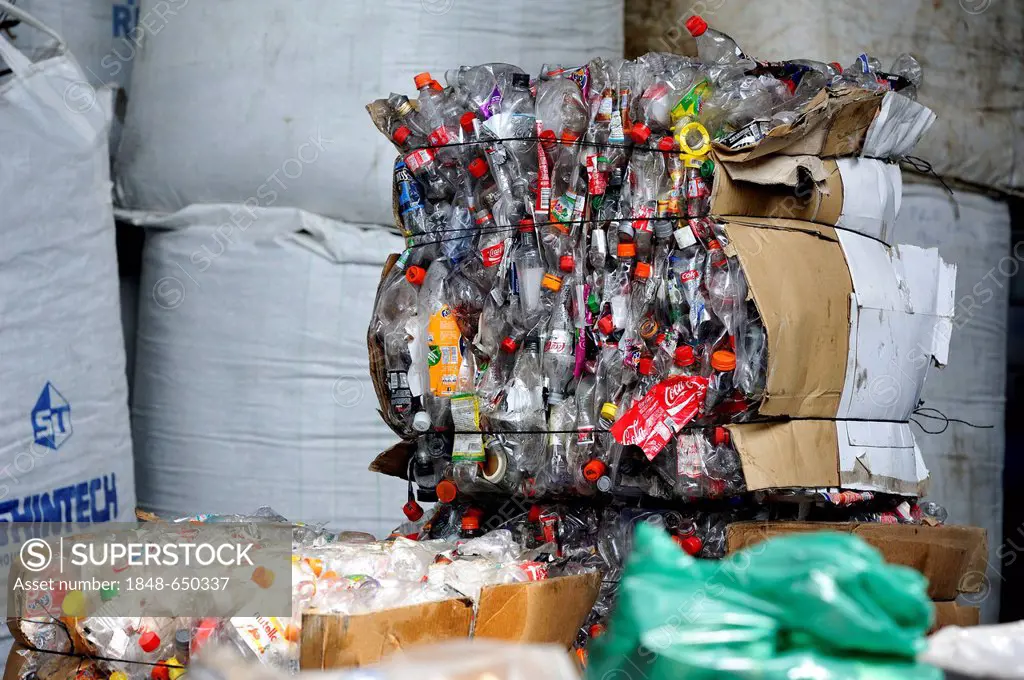 Pressed and packaged plastic bottles in a recycling plant, for the export to China, San José, Costa Rica, Latin America, Central America