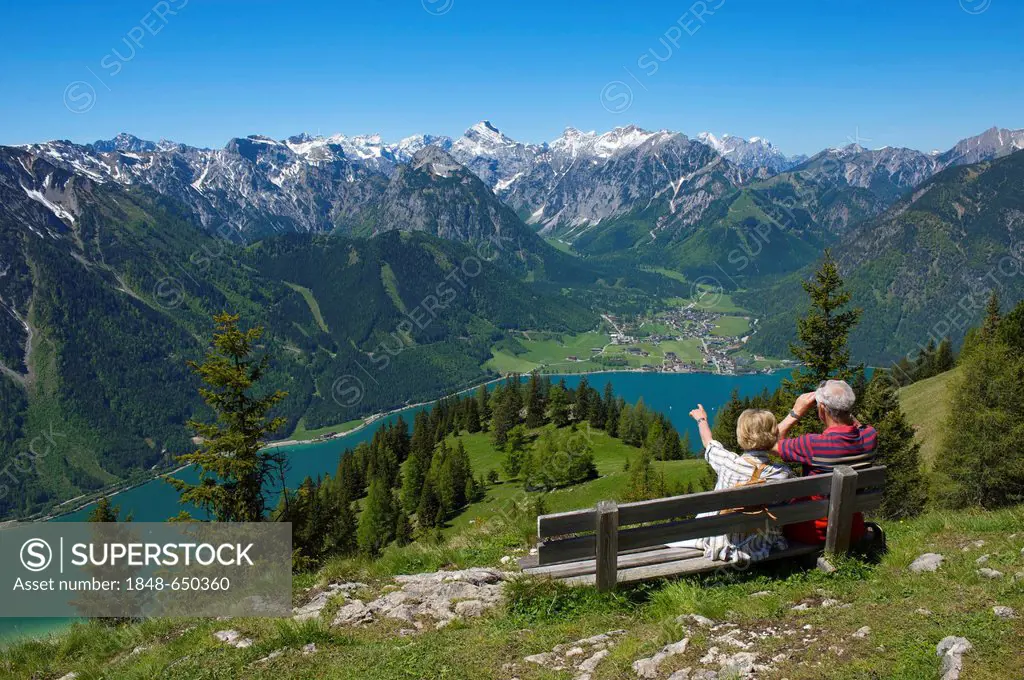 Durrakreuz viewpoint, couple enjoying the view of Lake Achensee, Tyrol, Austria, Europe