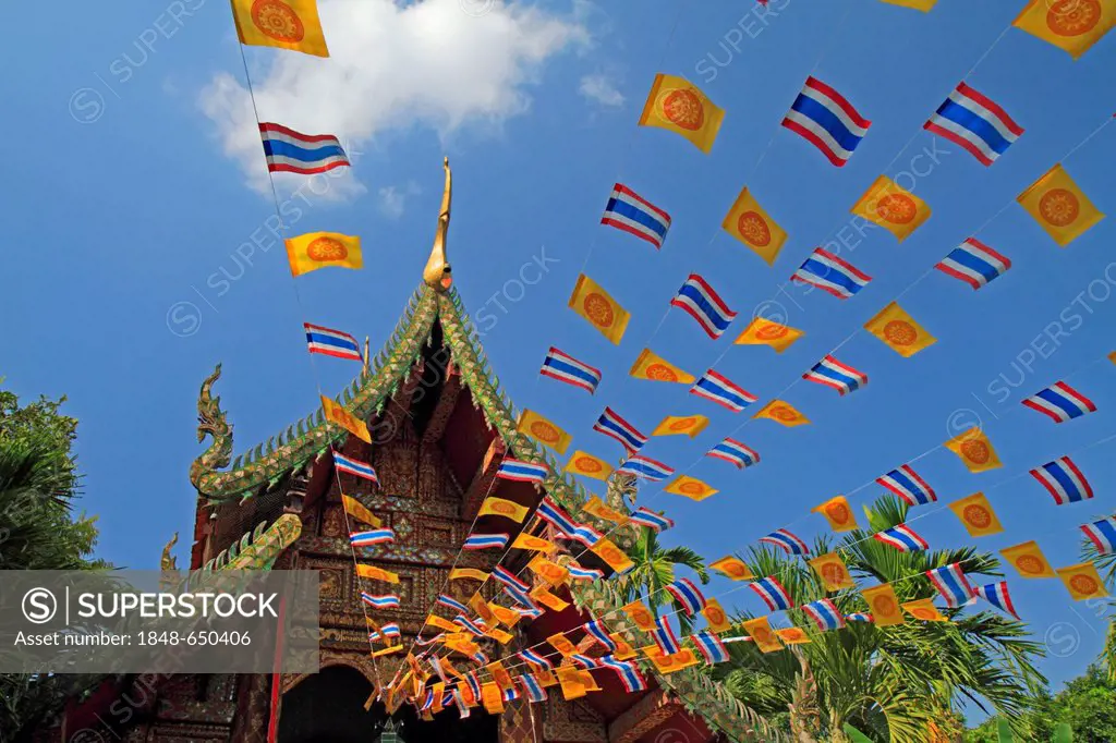 Buddhist Temple Wat Umung with Thai flags, Chiang Mai, Northern Thailand, Thailand, Asia