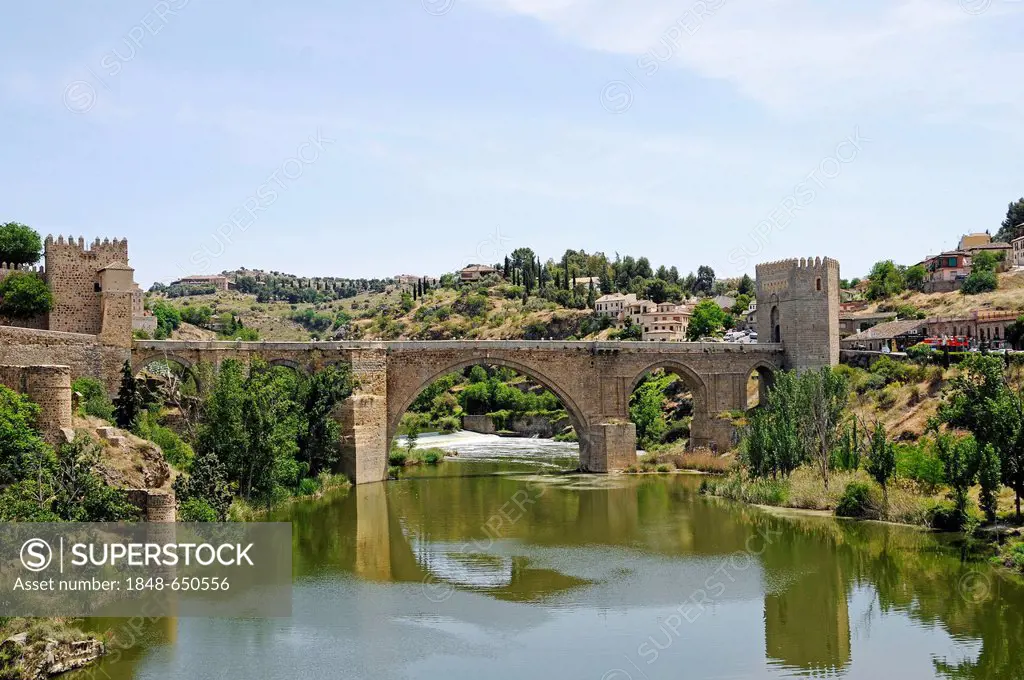 Puente de San Martin, bridge, Tagus river, Rio Tajo, Toledo, Castile-La Mancha, Spain, Europe, PublicGround