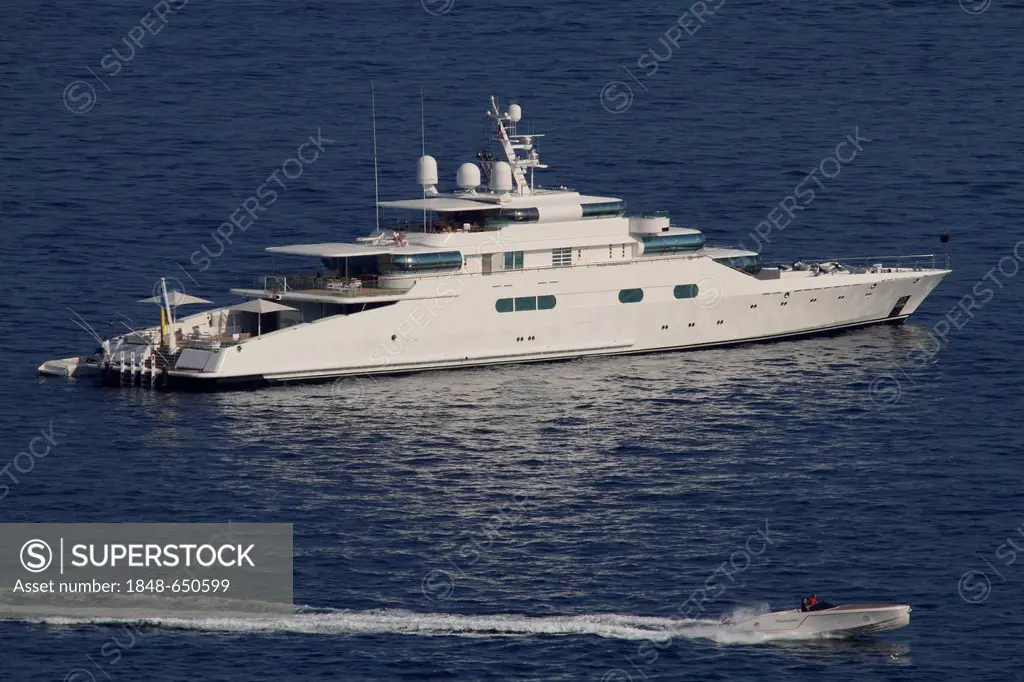 Motor yacht, Enigma, built by the Blohm + Voss shipyard, length of 74.5 metres, built in 1991, on the Côte d'Azur, France, Mediterranean, Europe