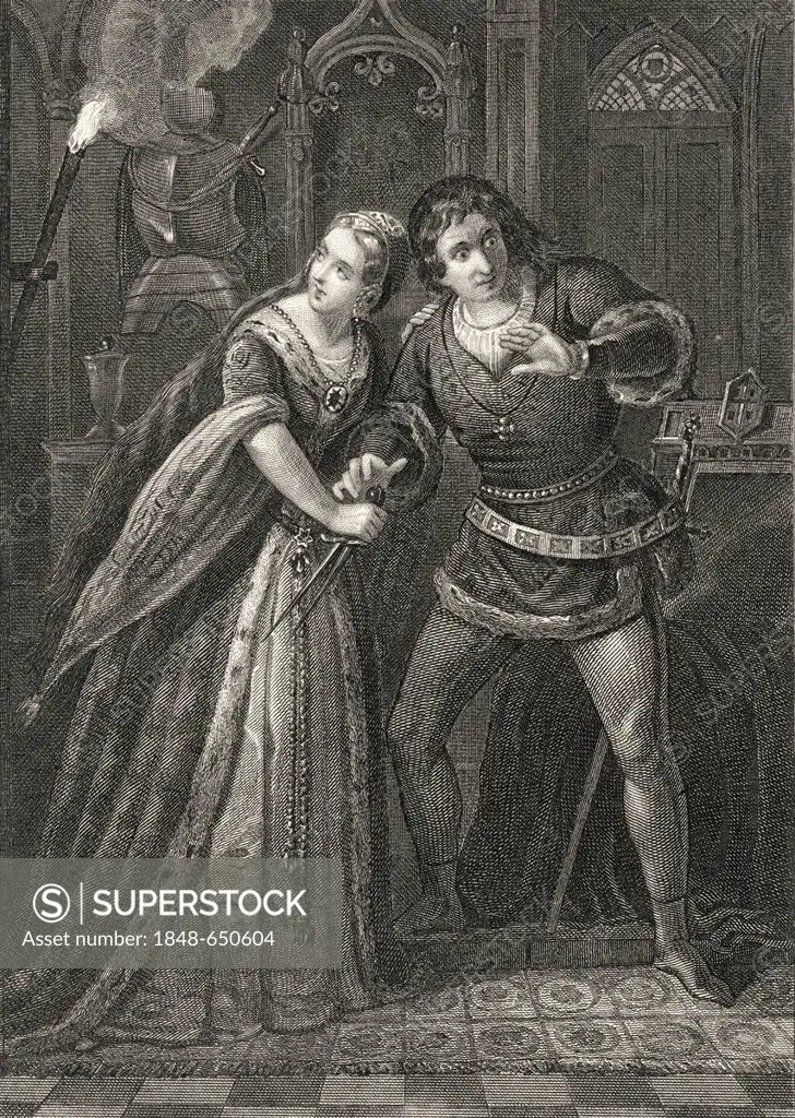 Historic steel engraving by Johann Baptist Wilhelm Adolf Sonderland, 1805 - 1878, a German illustrator, scene from The Tragedy of Macbeth by William S...