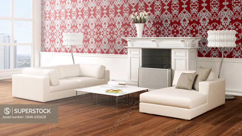 Loft-like living room with sofas, lamps, coffee table, fireplace, vase with callas, Baroque-style wallpaper and oak flooring, 3D illustration