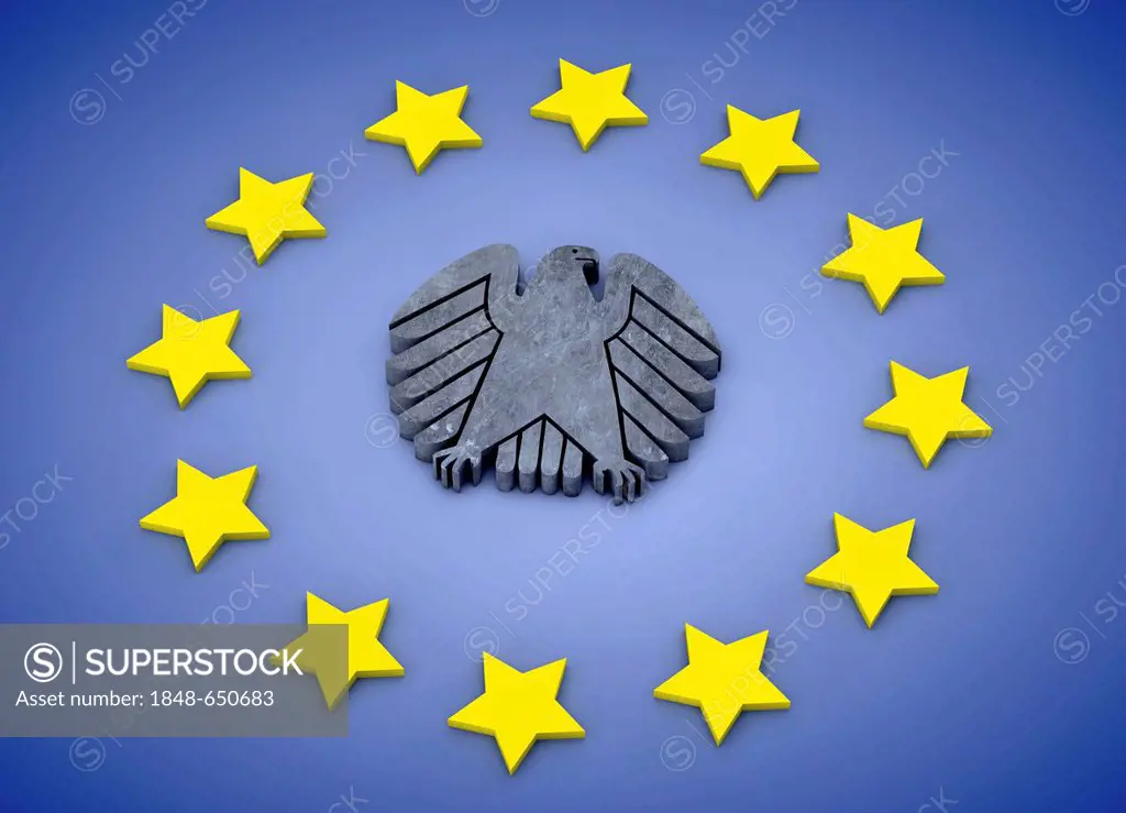 European flag with stars, in the middle the Federal Eagle, European Union, symbolic image for Germany in Europe, 3D illustration