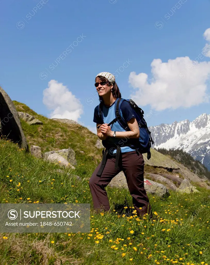 Young woman hiking, meadows, mountains behind, near Goeschenen, Goescheneralpsee, Reusstal, Reuss valley, Canton of Uri, Switzerland, Europe