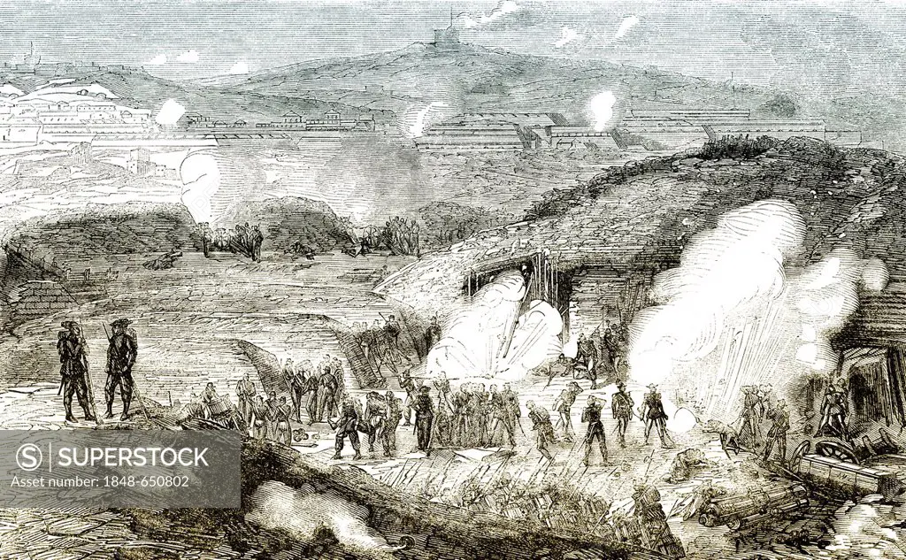 Historic drawing, 19th century, scene from the history of Italy, 1861, the Battle of Gaeta, Lazio, Italy