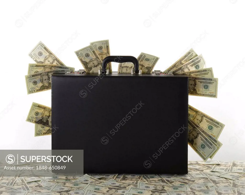 Briefcase, suitcase full of money, dollar bills