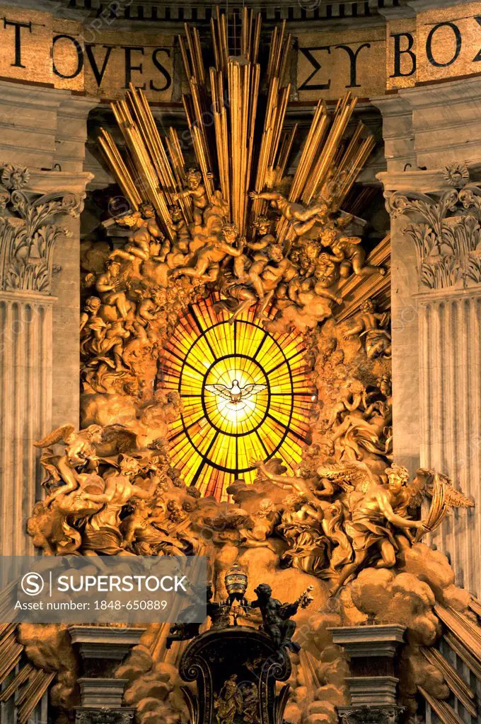 Gloria with a window made of Bohemian glass above the Cathedra Petri by Bernini in the apse of St. Peter's Basilica, Vatican City, Rome, Lazio region,...