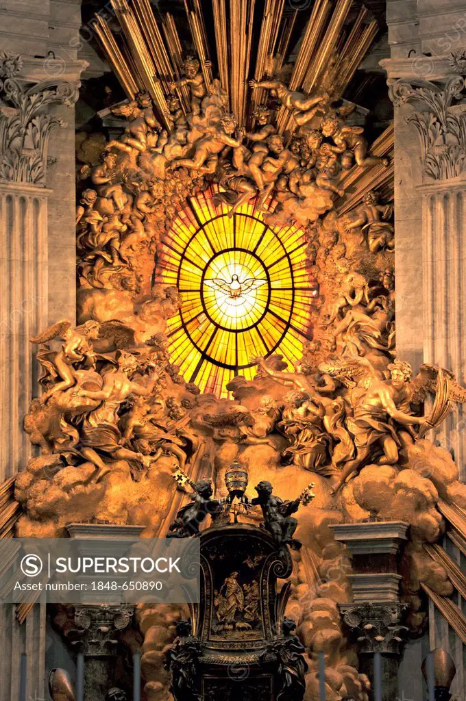 Gloria with a window made of Bohemian glass above the Cathedra Petri, Chair of Saint Peter by Bernini in the apse of St. Peter's Basilica, Vatican Cit...