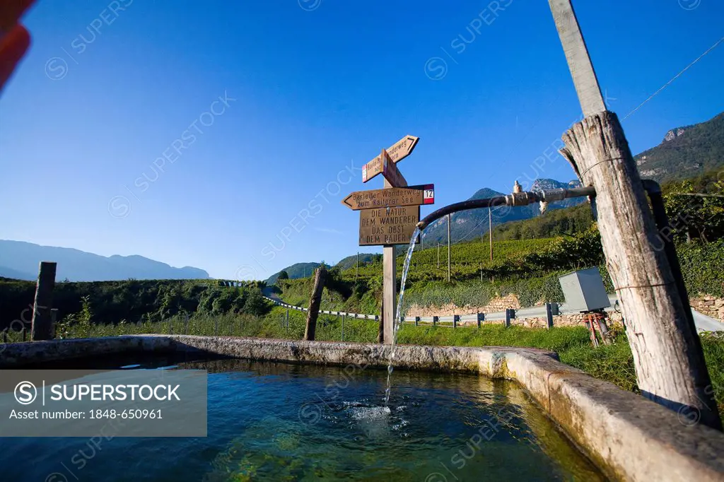 Fountain, trail markers, Kaltern, South Tyrol, Italy, Europe