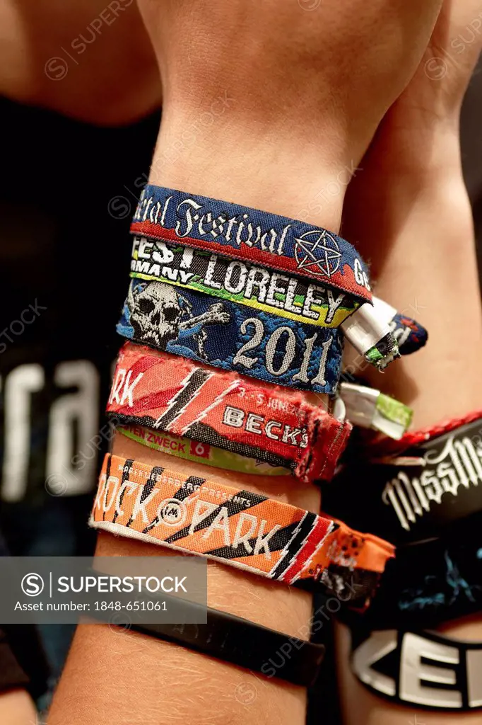 Metalfest, Loreley open air stage, wrist of a festival goer with wristbands, St. Goarshausen, Rhineland-Palatinate, Germany, Europe