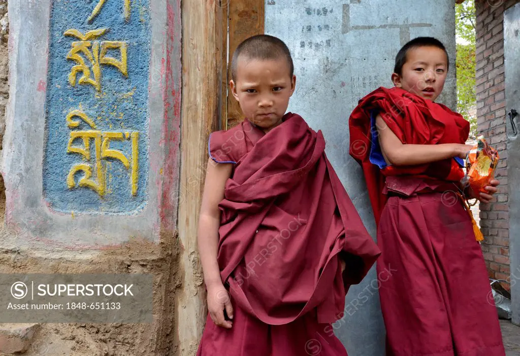 Two young novice monks, students standing in front of the entrance to a Buddhist monastery school, monastery building in the traditional architectural...