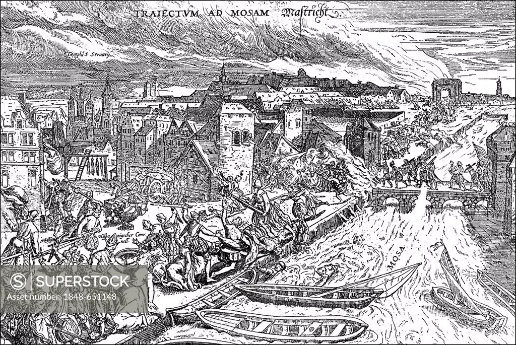 Historic drawing, the looting of Maastricht by the Spaniards, Spanish Netherlands, 16th century