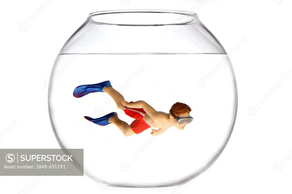 Toy boy swimming with diving goggles and flippers in a fish bowl, illustration