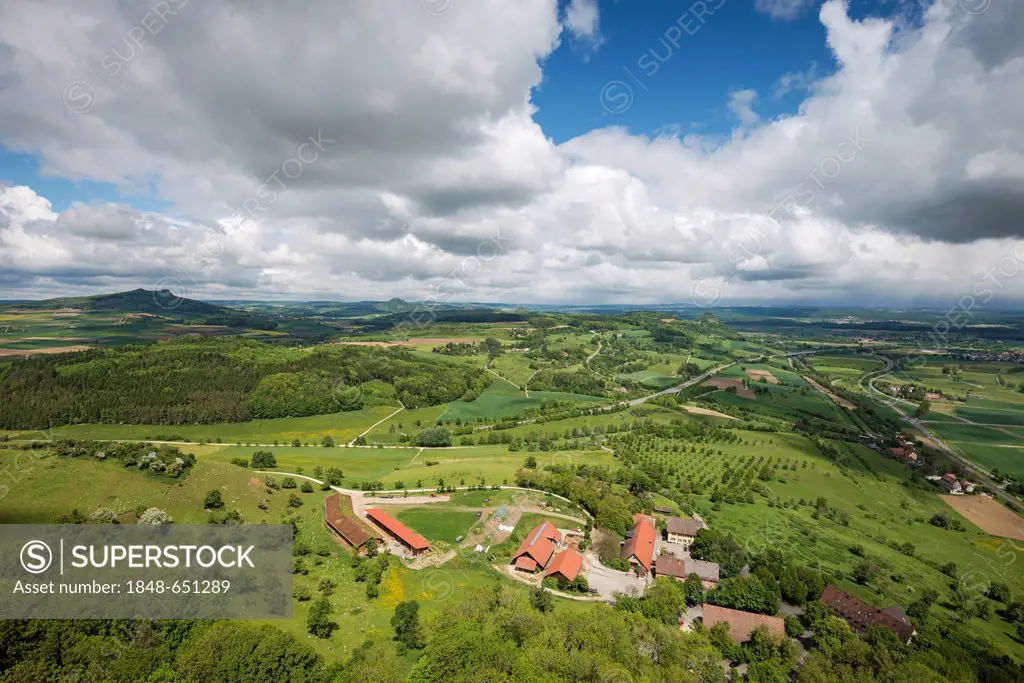 View of Hohentwiel domain as seen from Hohentwiel mountain, view aross the Hegau volcanic landscape, Baden-Wuerttemberg, Germany, Europe
