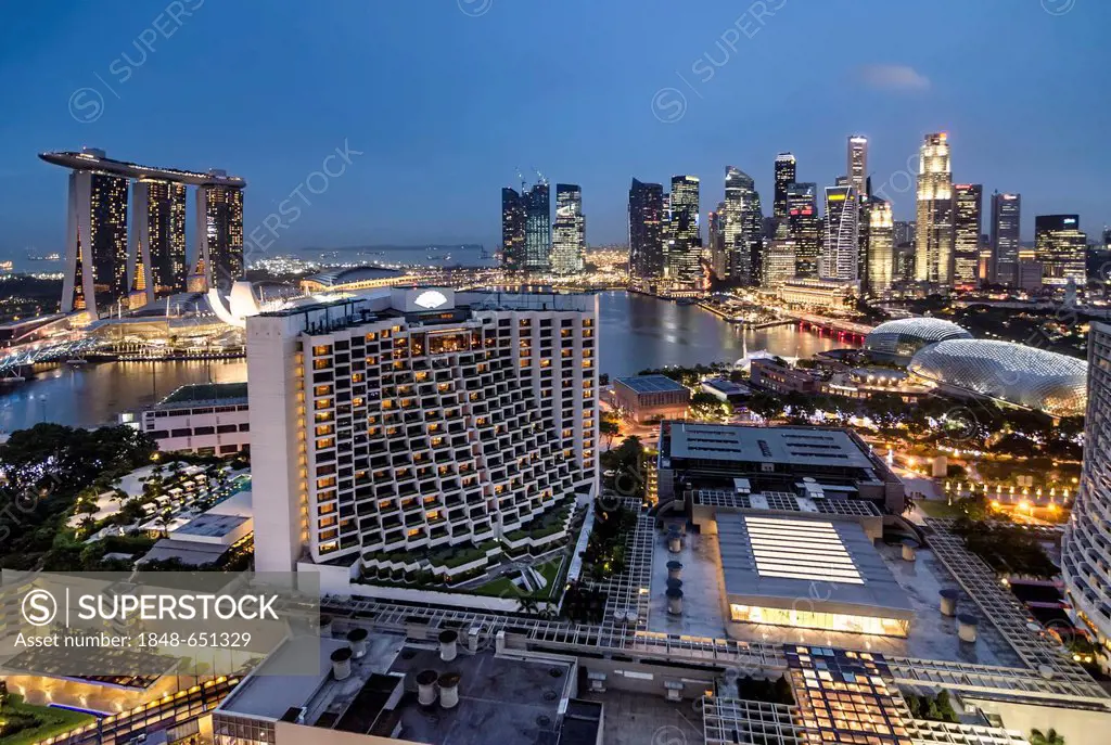 Skyline at dusk, Financial District with the Marina Bay Sands Hotel, Singapore, Southeast Asia, Asia