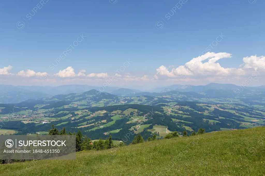View from the western summit of Mt Schoeckl, near Sankt Radegund near Graz, Grazer Bergland region, Styria, Austria, Europe
