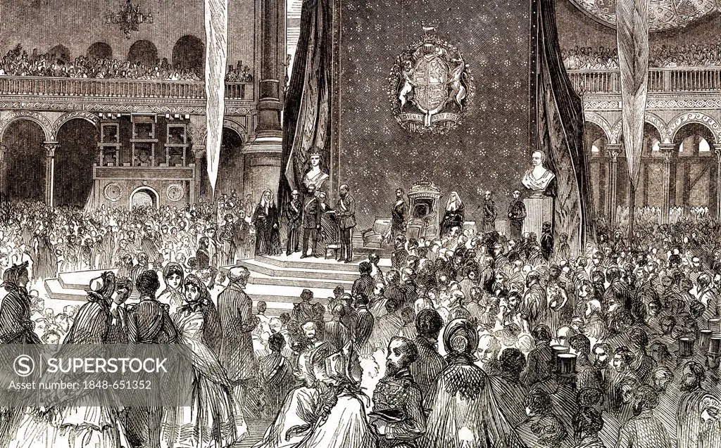 Historic drawing, 19th century, the opening of the World Exhibition in London in 1862, Royal Horticultural Society in South Kensington, United Kingdom