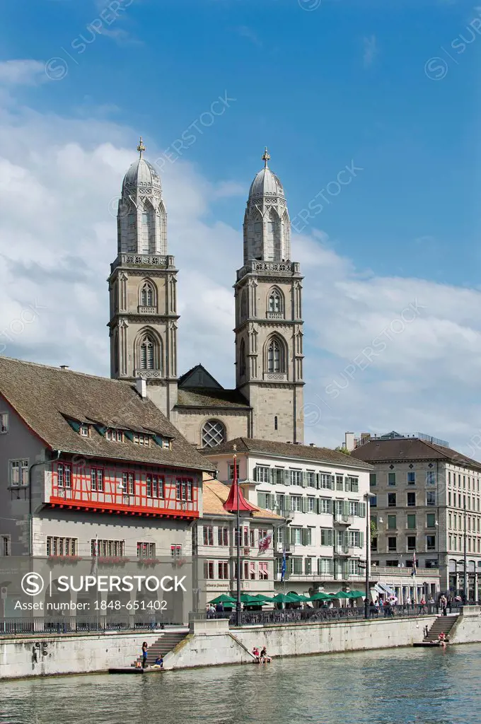 Limmat river, Limmatquai with guild house Zum Rueden and the twin towers of Grossmuenster church, old town of Zurich, Canton of Zurich, Switzerland, E...