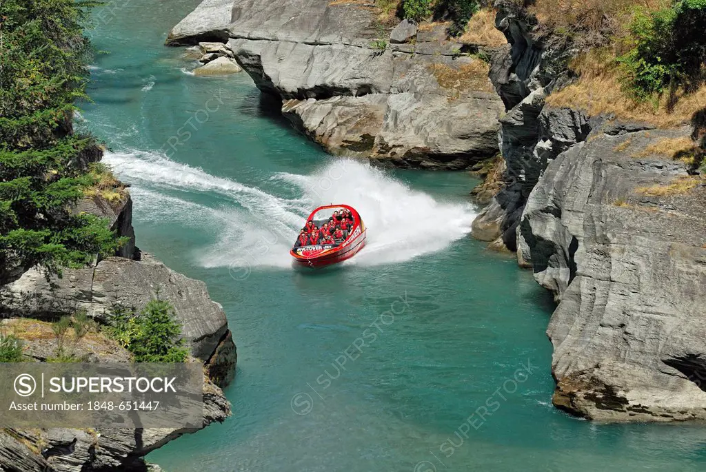 Jet boat, speed boat on Shotover River, Queenstown, South Island, New Zealand