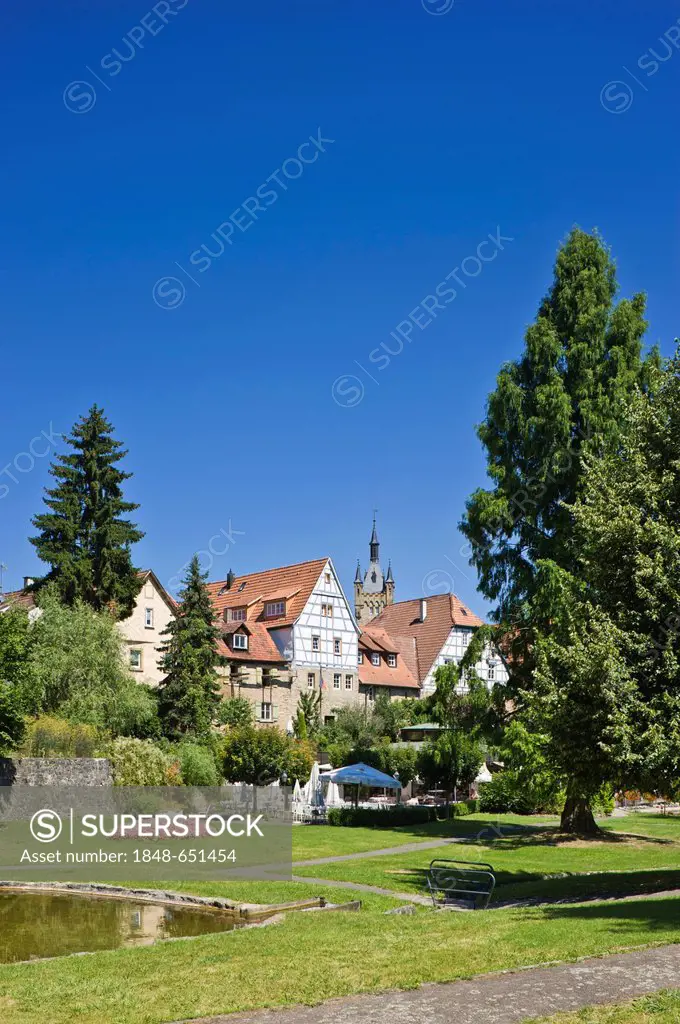 Cityscape at the town's moat with Blue Tower, Bad Wimpfen, Neckartal, Baden-Wuerttemberg, Germany, Europe