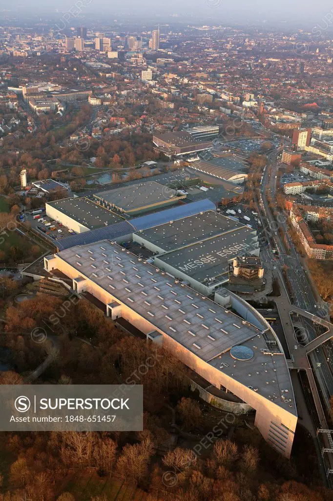 Aerial view, Messe Essen, Gruga, exhibition location, Essen, Ruhrgebiet region, North Rhine-Westphalia, Germany, Europe