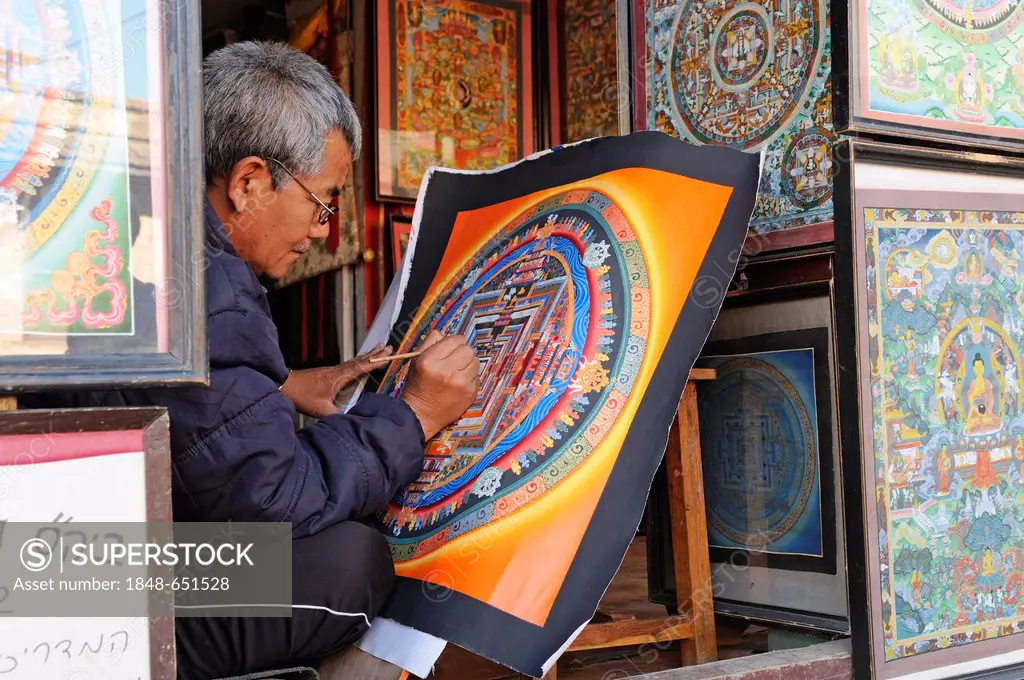 Painter creating a Thangka picture, Changu Narayan, Kathmandu Valley, Nepal, Asia