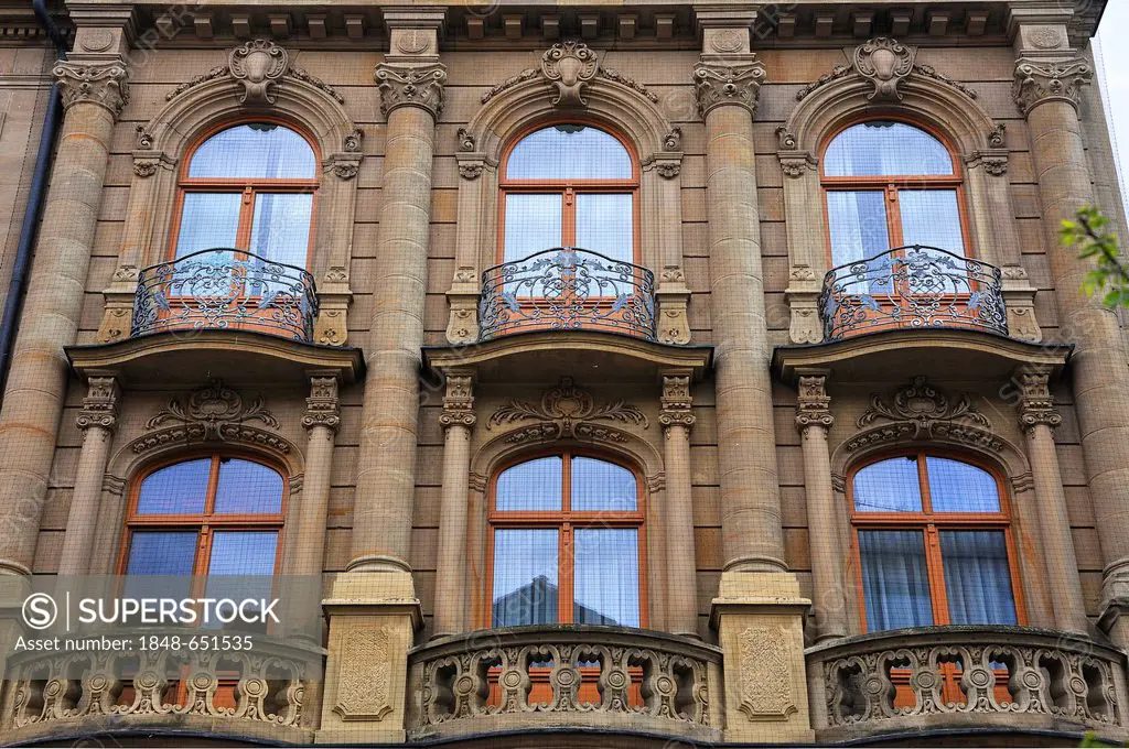 Decorative facade with wrought-iron balconies of the 19th Century, Kressenstein, Kulmbach, Upper Franconia, Bavaria, Germany, Europe