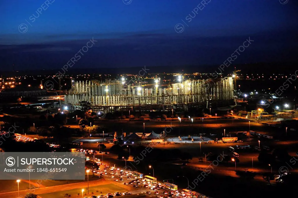 Construction site of the football stadium for the Football World Cup 2014, illuminated at night, Brasilia, Distrito Federal DF, Brazil, South America