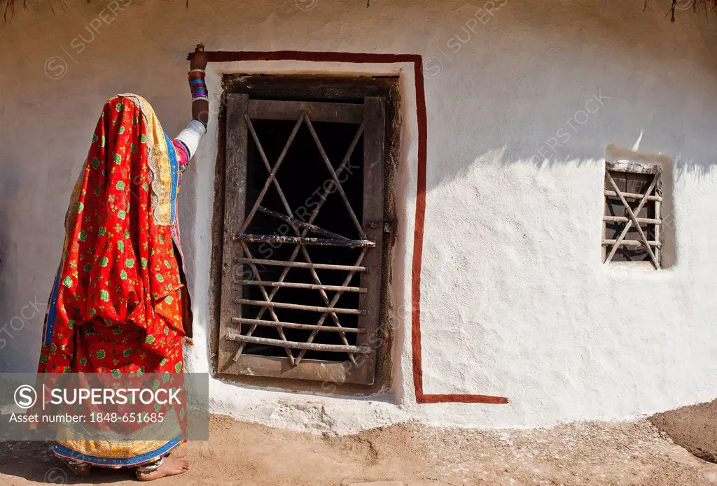 Young Indian woman wearing a traditional sari or saree, painting her front door, Rajasthan, India, Asia