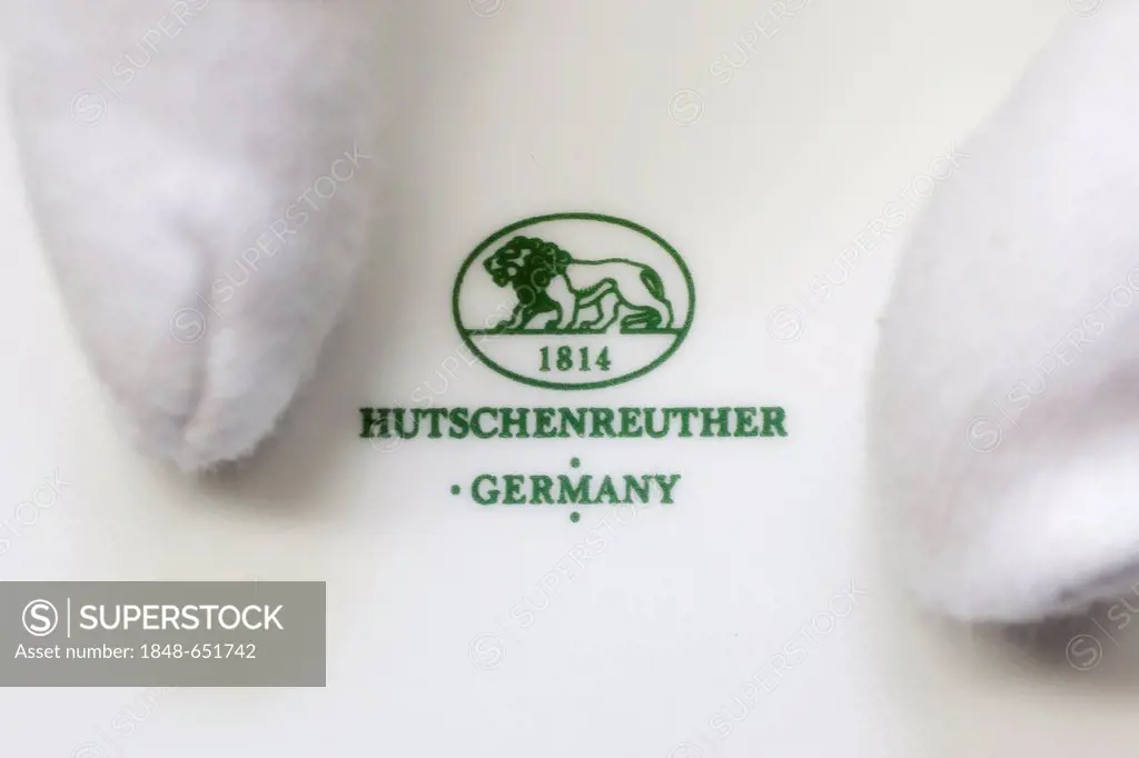 Logo and lettering of Hutschenreuther, belonging to Rosenthal GmbH, on the bottom of a plate, at the porcelain manufacturer Rosenthal GmbH, Speichersd...